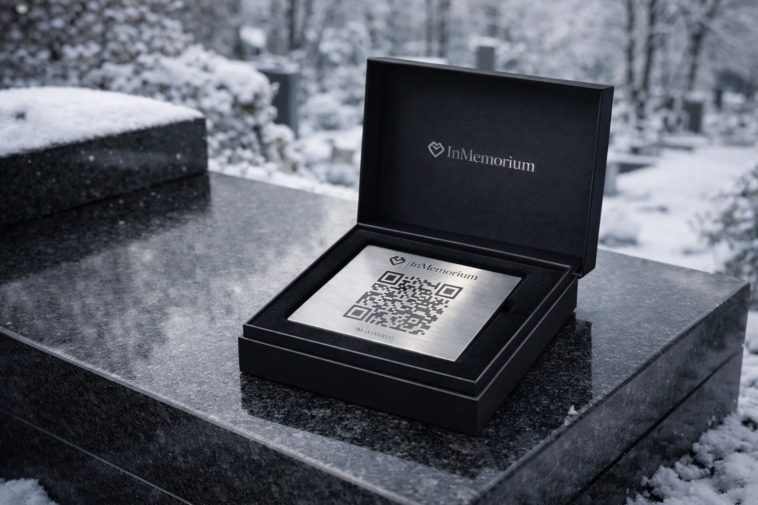 Plaque QR InMemorium sur un monument en granit avec un fond hivernal enneigé.