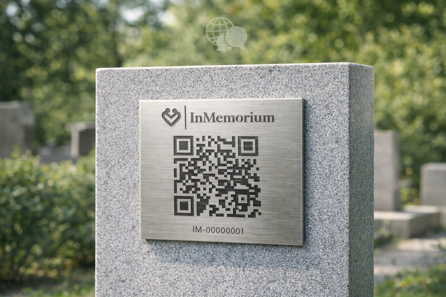 Plaque QR InMemorium posée sur une stèle en granit dans un cimetière.