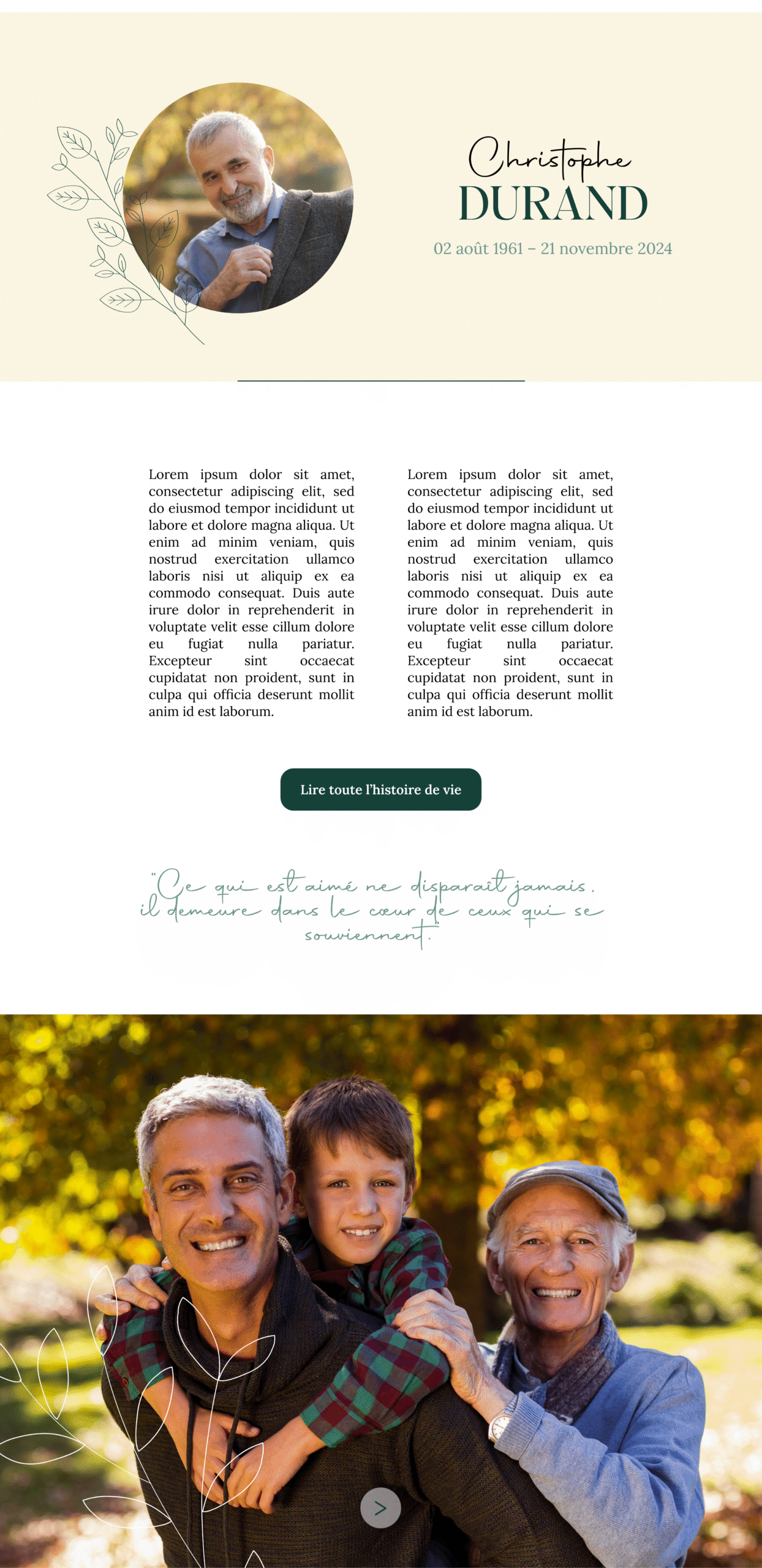 Démo de page de l’application InMemorium avec le thème “Mémoire lumineuse”, adulte, floral et aux couleurs douces.