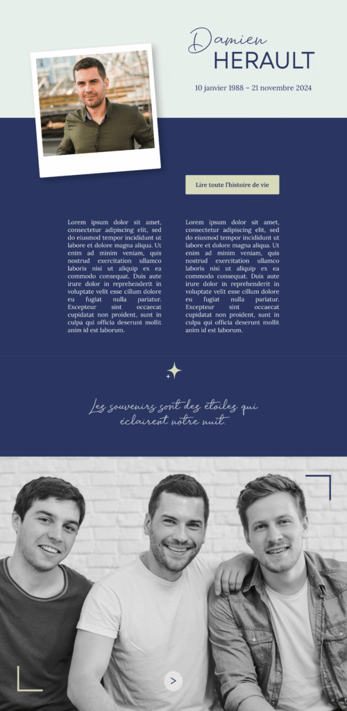 Démo de page de l’application InMemorium avec le thème “Souvenir éternel”, adulte, sobre et élégant.