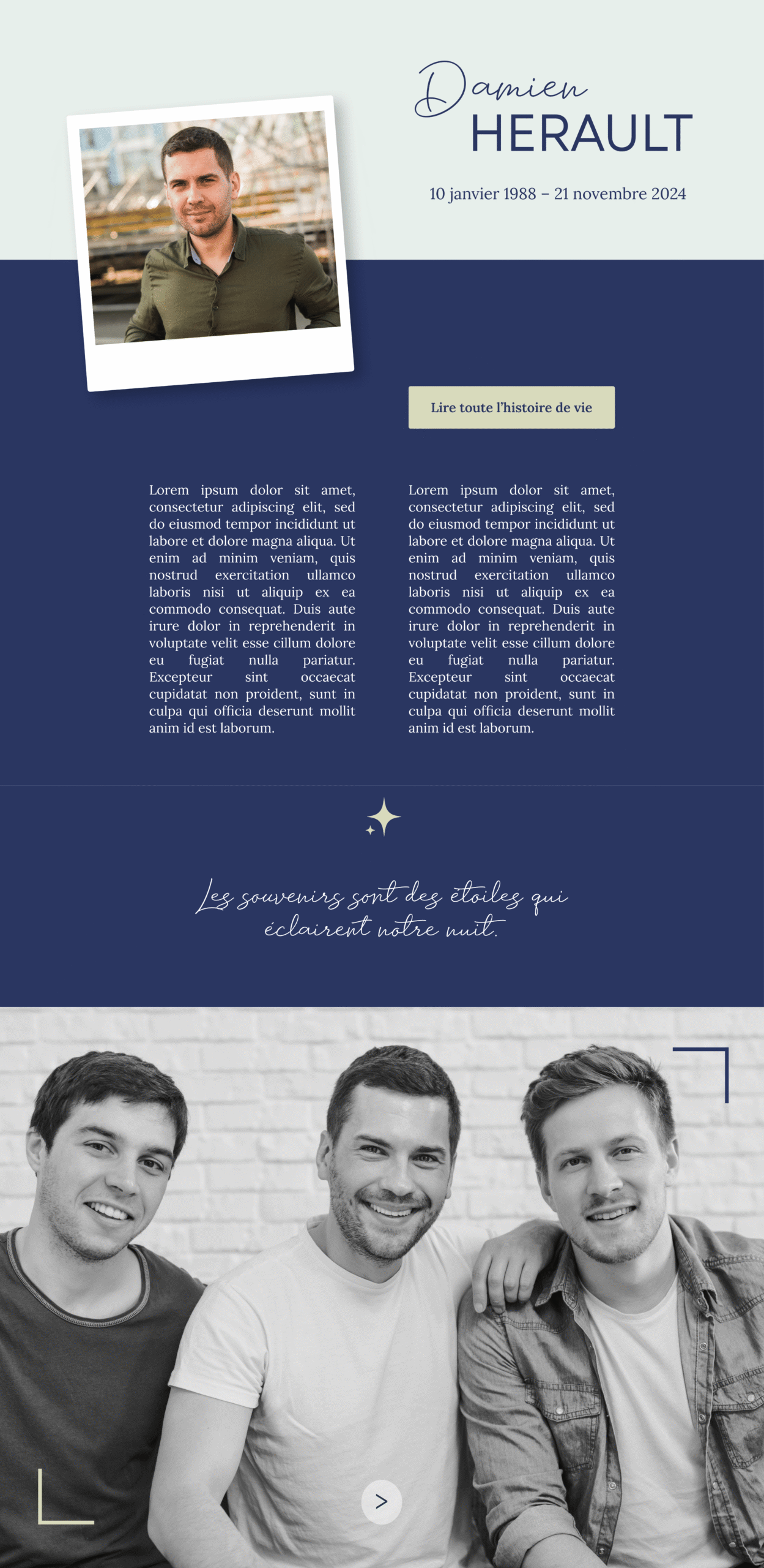 Démo de page de l’application InMemorium avec le thème “Souvenir éternel”, adulte, sobre et élégant.