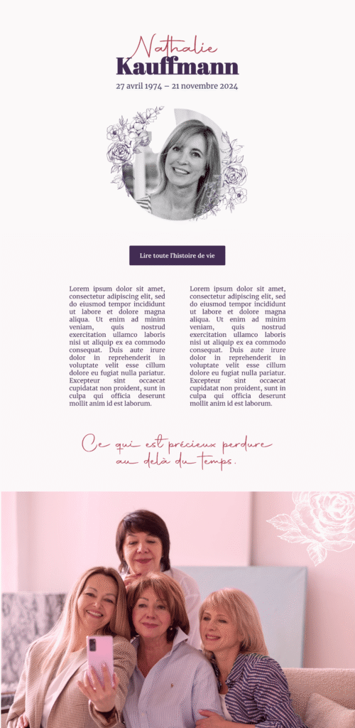 Démo de page de l’application InMemorium avec le thème “Élégance sereine”, adulte, sobre et floral.