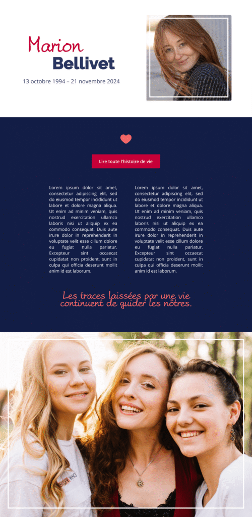 Démo de page de l’application InMemorium avec le thème “Nouvel horizon” pour adulte, style sobre.