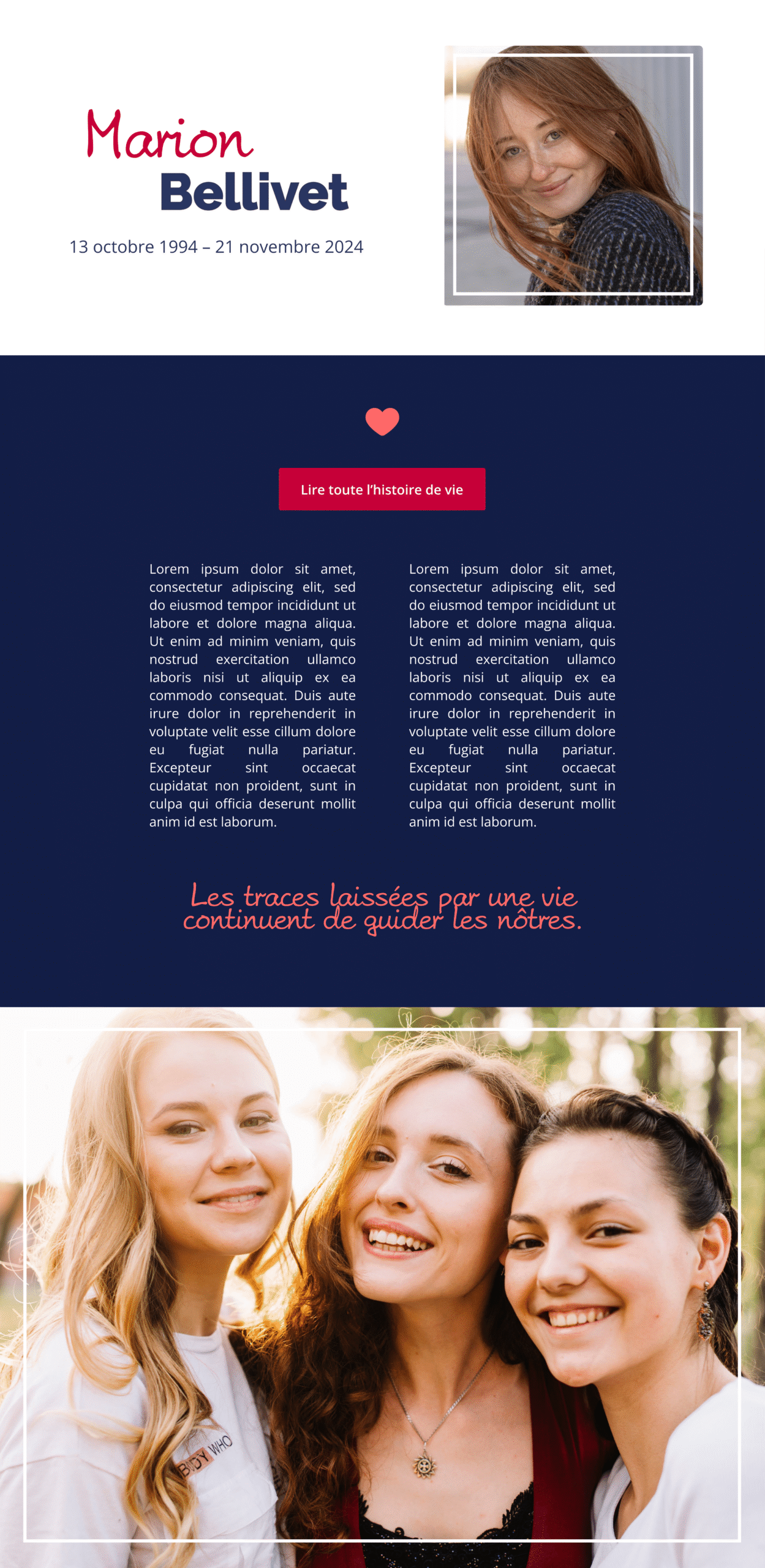 Démo de page de l’application InMemorium avec le thème “Nouvel horizon” pour adulte, style sobre.