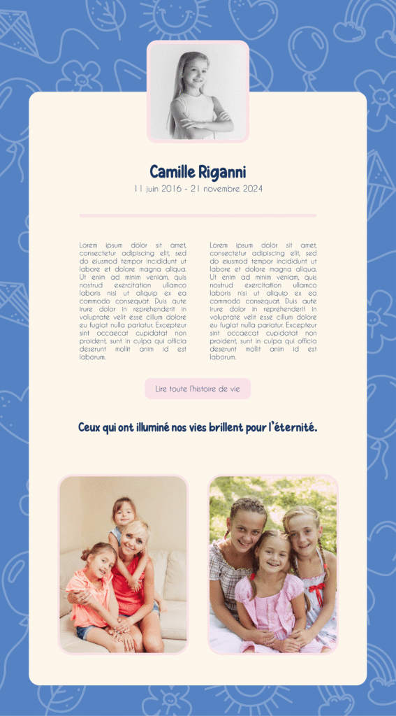 Démo de page de l’application InMemorium avec le thème “Douce étoile” pour une fille.
