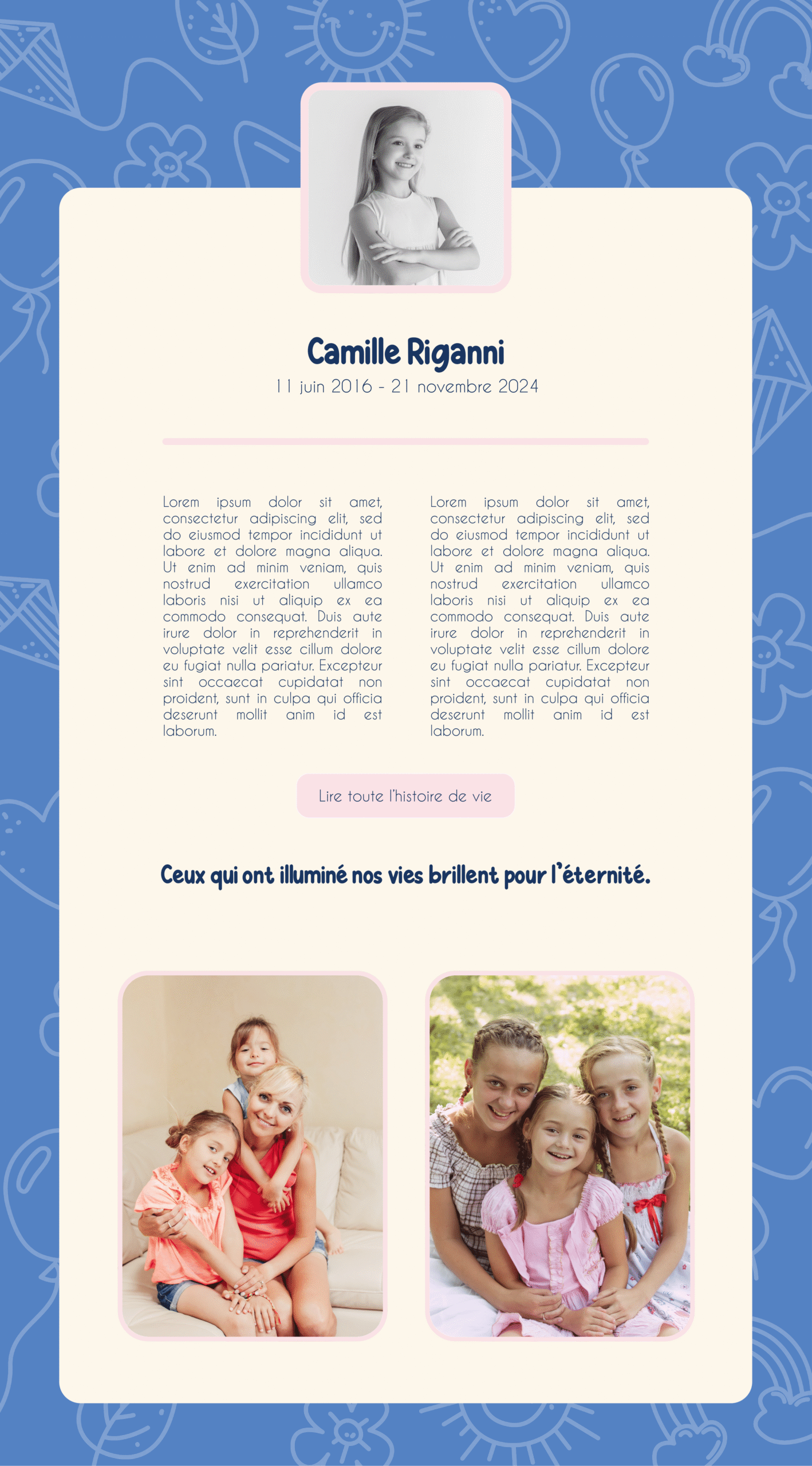 Démo de page de l’application InMemorium avec le thème “Douce étoile” pour une fille.