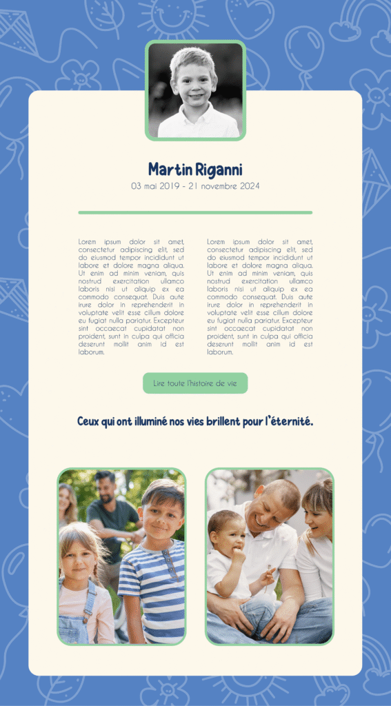 Démo de page de l’application InMemorium avec le thème “Douce étoile 2” pour un garçon, version alternative.