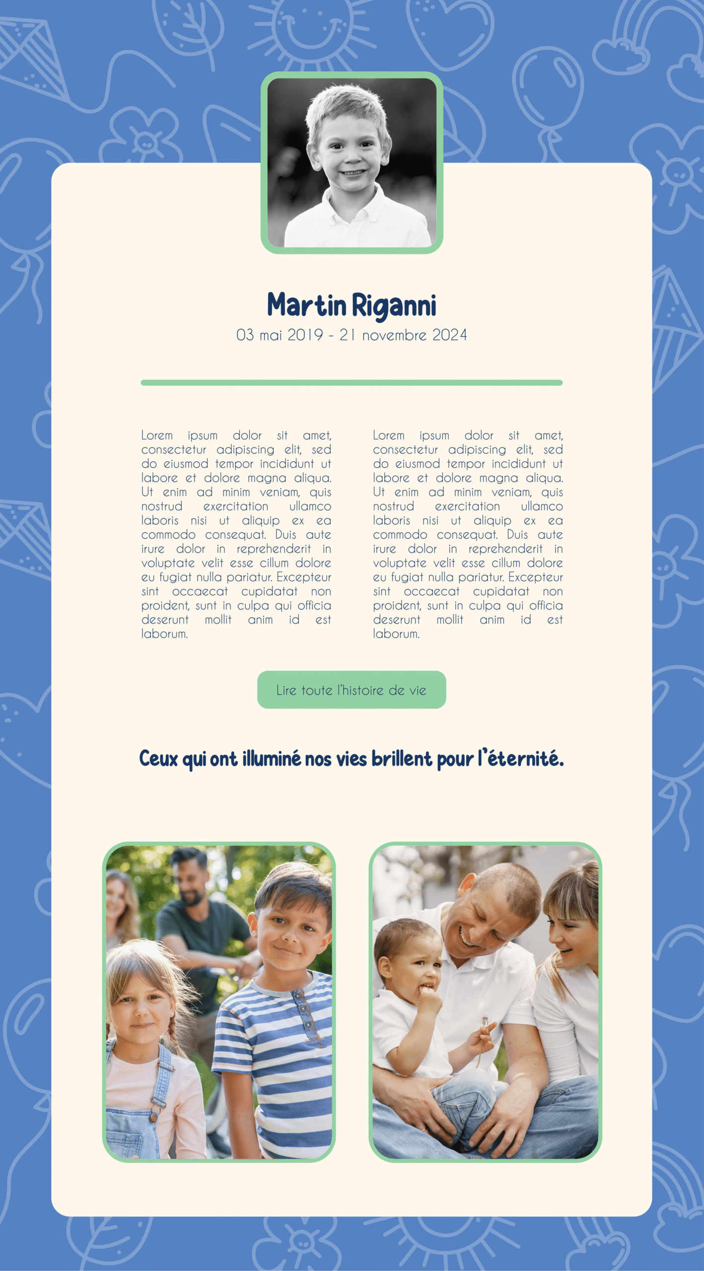 Démo de page de l’application InMemorium avec le thème “Douce étoile 2” pour un garçon, version alternative.