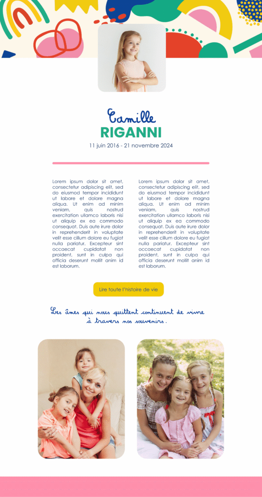 Démo de page de l’application InMemorium avec le thème “Arc-en-ciel de vie” pour une enfant fille.