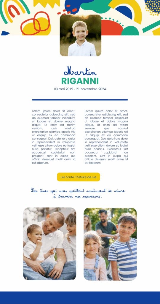 Démo de page de l’application InMemorium avec le thème “Arc-en-ciel de vie 2” pour un enfant garçon.