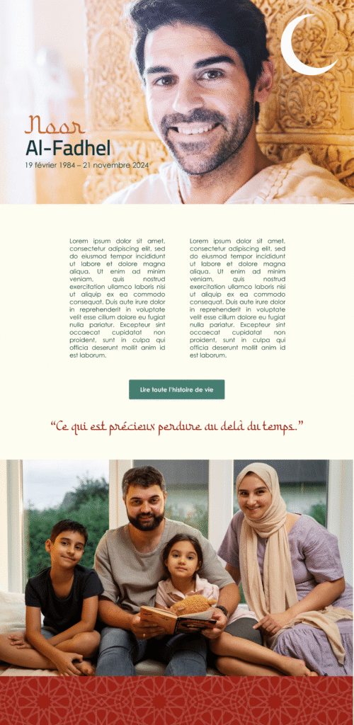 Démo de page de l’application InMemorium avec le thème “Paix étoilée” inspiré de l’Orient.