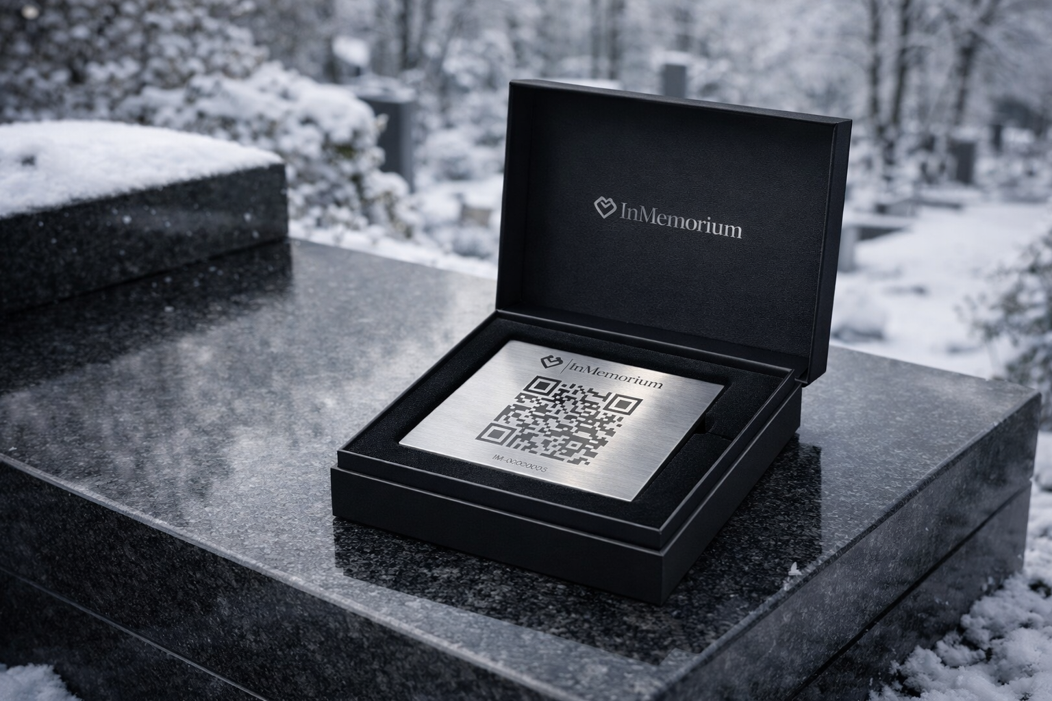 Plaque QR InMemorium sur un monument en granit avec un fond hivernal enneigé.